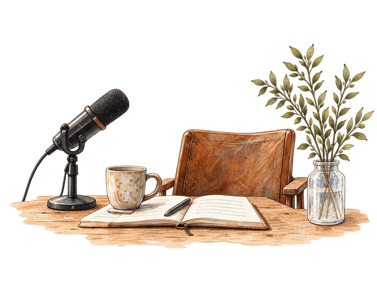 A podcast microphone, notebook and coffee on a wooden desk