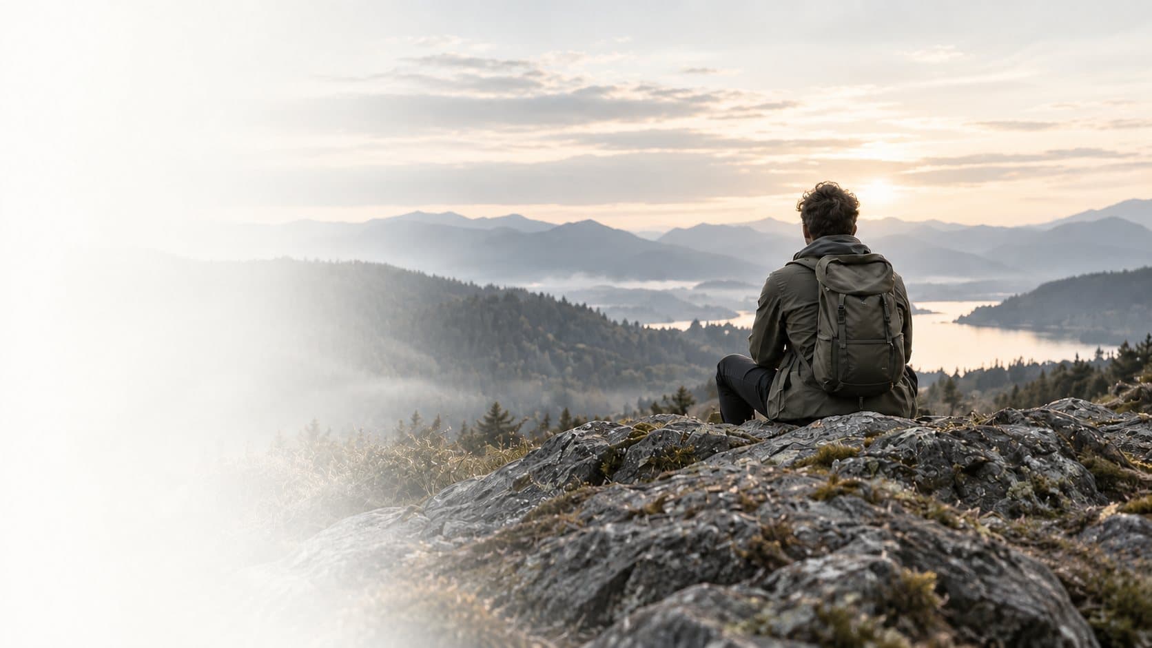 A hiker resting on a cliff edge, looking out over lakes and hills at first light
